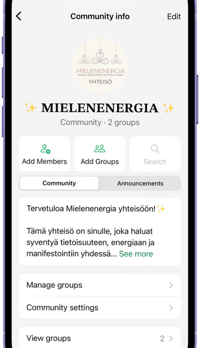Mielenenergia ja Ahoo yhdistys sisältävät manifestoinnin, energiahoidot, tietoisuustyön, retriitit, meditaatiot, hyvinvointivalmennukset, henkisen kasvun, terveyden tukemisen, tapahtumat, yhteisöllisyyden, itsensä kehittämisen ja korkeamman värähtelyn aktivoimisen.